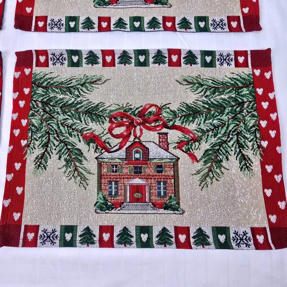 Vintage Christmas Tapestry Placemats Set Holiday Cottage Winter Decor 17.5x13